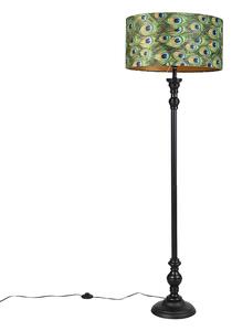 Stoječa svetilka črna s plišasto senčilo pava zlata 50 cm - Classico